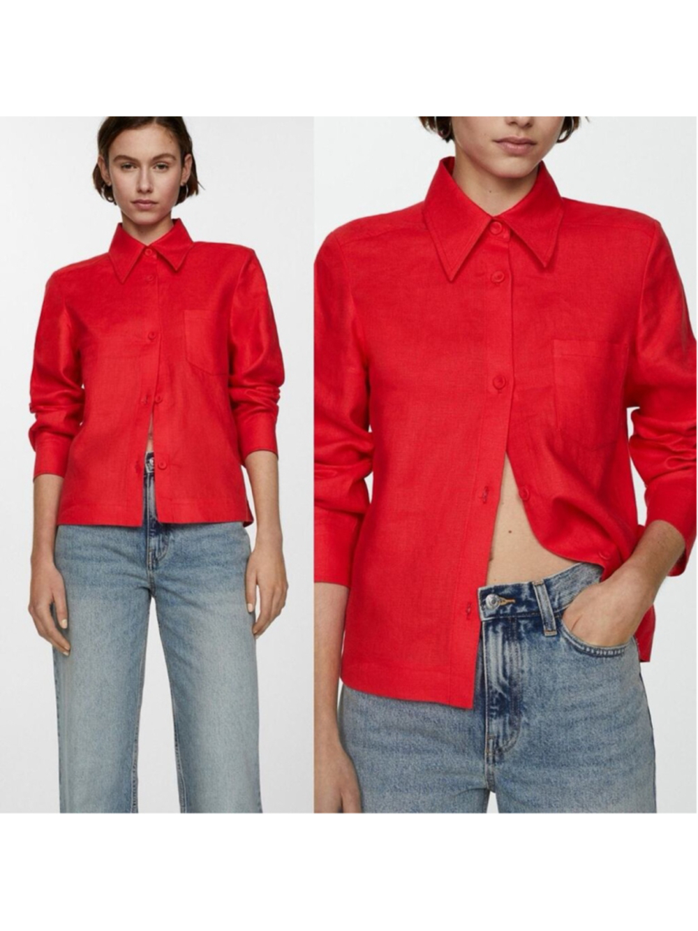 Mango MNG Tomato Red 100% Linen Blouse Button Down Top XS 2